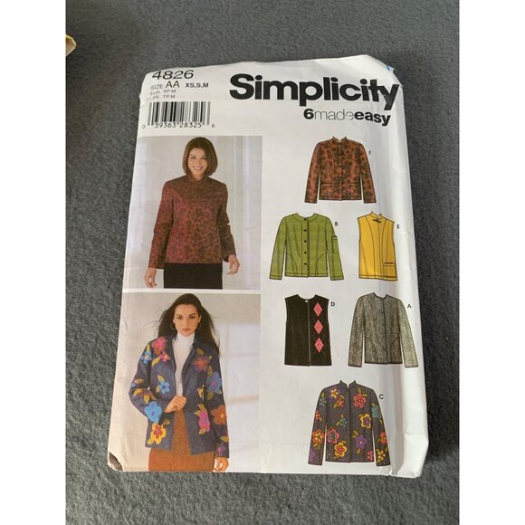 Simplicity Jacket Vest Sewing Pattern 4826 Size XSmall Small Medium Uncut 2002 - Picture 1 of 3